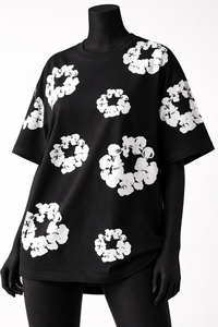 T-shirt pour femmes de qualité supérieure, noir, imprimé floral, coton, coupe ample, décontracté, streetwear, col rond, manches courtes - Product Image 3