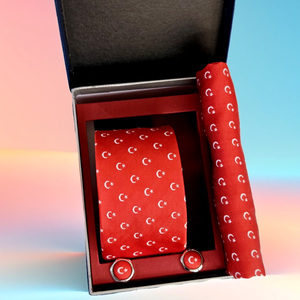 <b>Red</b> White Crescent Star Turkish Flag Tie Pocket Square <b>Cufflink</b> Set in a Gift Box Made of PU Leather for Groom Wear - Product Image 3