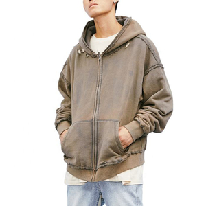 Venta al por mayor a granel Vintage Wash Zip up Hoodie para hombres Custom Distressed Raw Edge 100% Cotton Plain Dyed for Winter - Product Image 4