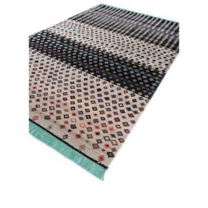 Alfombra Manchaha Azul de Lana y Seda de Bambú Anudada a Mano con Patrón Geométrico Oriental para Sala de Estar o Dormitorio-Les-1973 - Product Image 1