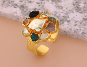 Women's Trendy Handcrafted 18K Gold-Plated Adjustable Cuff <b>Bracelet</b> with Natural Gemstones and Mother of <b>Pearl</b> Centerpiece - Product Image 4
