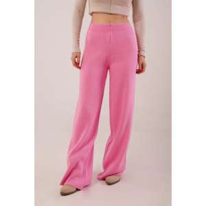 Pantalon rose tricoté en gros avec taille haute côtelée, respirant et à jambes larges - Product Image 3