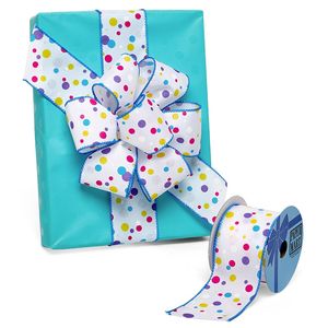 Colorful Dots <b>Wired</b> <b>Ribbon</b> with Luxury Floral Silhouette Metallic Silk Material for Wedding Birthday Christmas Decorations - Product Image 1