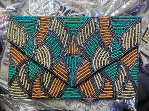 Shreeya Fineries Handmade Satin Beaded Envelope <b>Clutch</b> Purse Geometric Pattern Chain Strap Zipper Closure Evening Bag - Product Image 6