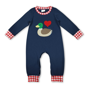 Conjuntos de ropa para bebé de manga larga con estampado de pato azul de San Valentín y cuadros rojos para niñas, OEM/ODM/RTS - Product Image 5