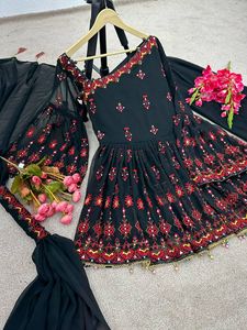 Dernière broderie lourde indienne Faux Georgette Palazzo Set Real Mirror Work Kediya Bottom Dupatta Party Wear Slim Fit Knee-Length - Product Image 5