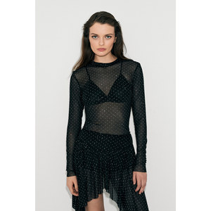 Women's Elegant Black Tulle Blouse with Stone Embellishments Long Sleeves Round Neck Sheer Party <b>Top</b> - Product Image 2