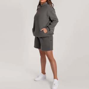 Wholesale OEM Cropped Long Sleeve Hoodie Zip up Blank Yoga <b>Shorts</b> Set <b>Lounge</b> Set Womens 2 Piece Sets Custom Made Winter Wear - Product Image 3