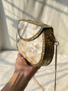 Handcrafted Mother of Pearl Mosaic Clutch <b>Bag</b> with Natural Shell Tiles <b>Gold</b> Tone Frame Luxury <b>Evening</b> Party Handbag Gift her - Product Image 2