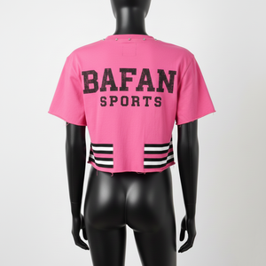 Camiseta corta de algodón para mujer con estampado gráfico, pedrería termoadhesiva, cuello con panel a rayas, personalizada. - Product Image 2