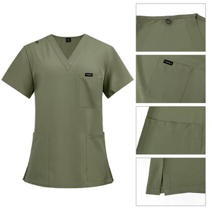 High Quality Anti Wrinkle Knitted Cotton Blends Scrubs Nursing Uniform <b>Set</b> Unisex Stretchy Elastic Waistband Slim Fit Tops - Product Image 3