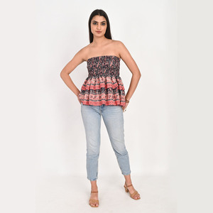 Hauts tubulaires pour femmes en soie sari recyclée, épaules dénudées, hauts de plage d'été multicolores - Product Image 2