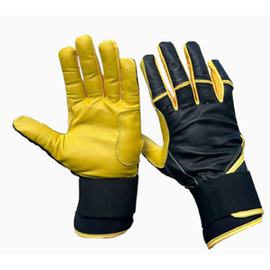 Long Cuff Yellow <b>Black</b> Combo Genuine Leather Baseball Batting Gloves Ambidextrous <b>Hook</b> Loop Closure Customizable Design High - Product Image 1