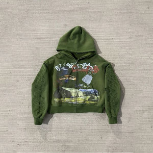 Sweat à capuche surdimensionné vert personnalisé OEM, imprimé intégral, effet vieilli, avec strass et sérigraphie, 100 % coton, hiver - Product Image 5