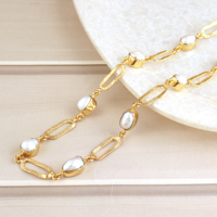 Collier de perles blanches d'eau douce naturelles collier à breloques en or pour femmes chaîne à maillons lariat femmes mode bijoux de perles minimalistes