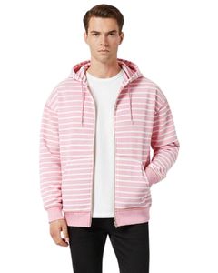 เสื้อฮู้ดซิปสีชมพูและสีขาวลายทางสำหรับผู้ชาย ผ้าฝ้ายฟลีซ เสื้อสเวตเชิ้ตมีฮู้ด สไตล์ลำลอง สตรีทแวร์ เสื้อแจ็คเก็ตสำหรับฤดูหนาว - Product Image 1