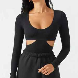 Haut de yoga personnalisé haute élasticité, coupe ajustée, col rond, découpes, manches longues, vêtements de sport pour femmes - Product Image 5