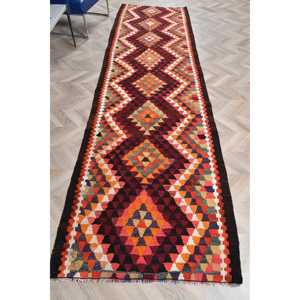Kilim Rug, 3.2x11.3 ft Vintage Rug, <b>Red</b> Ikat Rug <b>Wool</b> - Product Image 1