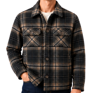 Herren Shacket in Schwarz-Beige mit Borgfutter, kariert, warm gefüttert, mit Knopfleiste und Brusttaschen für den Winter, Casual Streetwear - Product Image 1