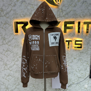 Sweat à capuche en molleton pour homme, style streetwear, avec fermeture éclair, effet délavé à l'acide, personnalisable avec votre logo, orné de strass - Product Image 5