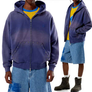 Streetwear Sweat à capuche zippé avec logo personnalisé clouté en métal Stone Washed Faded Sweats à capuche surdimensionnés en polaire lourde pour hommes - Product Image 1