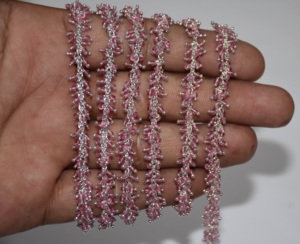 Beautiful pink quartz Beads silver Pleated Thick <b>Rosary</b> Chain, Dangling Beaded Chain, Anguri Chain for Jewelry Making - Product Image 1