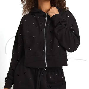 Nouveaux sweats à capuche pour femmes de haute qualité, logo personnalisé sur le devant, anti-boulochage, respirant, écologique, avec strass, en vente - Product Image 6