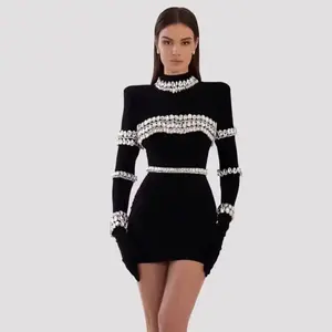 カスタム卸売高品質ホット販売リブ編みコットン女性黒ラインストーンタンクトップセクシーなドレス