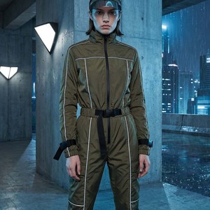 Ensemble de survêtement utilitaire court et ajusté pour femme, vert olive, style streetwear techwear, avec logo personnalisé, passepoil réfléchissant et sangle à boucle - Product Image 4