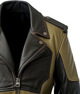 Chaqueta de Motociclista Personalizada, Elegante, con Cierre, Ajustada, de Cuero Vacuno Genuino, Color Verde Oliva y Negro, con Cuello de Piel, para Invierno - Product Image 3