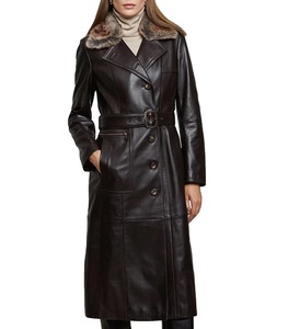 Abrigo de Cuero de Cordero Genuino para Mujer, Estilo Gabardina, con Cuello de Piel de Zorro, Botones, Largo, Transpirable, Forro de Seda Ecológico - Product Image 1