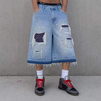 Shorts in Denim Personalizzati con Strass, Perle, Effetto Strappato, Orlo Grezzo, Stile Baggy Streetwear per Uomo