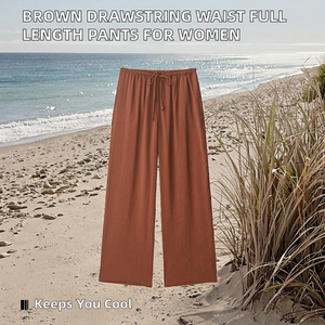 Breathable Summer Mid Waist Drawstring Flat Front Woven Casual Fashion Brown Full Length Long Pants <b>Trousers</b> for Women OEM - Product Image 6