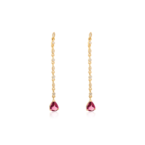 Precious Gemstone Natural Pear Cut Ruby & <b>Diamond</b> 18K Solid Yellow Gold Long <b>Dangling</b> <b>Earring</b> For Women Anniversary Gift Jewelry - Product Image 1
