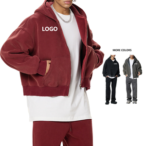 Boxy Fit Custom Acid Washed Hoodies 350Gram Heavy Weight Oversized Men's Cropped Distressed Zip up Puff Print Hoodies - Product Image 1