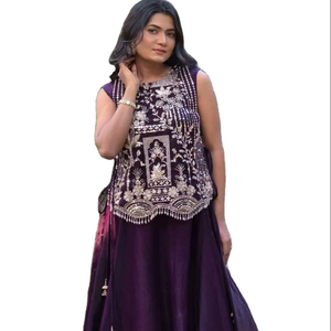 Tissu 100% Soie Georgette Pure avec Broderie Lourde, Lahenga Choli Violet Tendance Drapé en 1 MIN pour Fête, Prix de Gros - Product Image 1