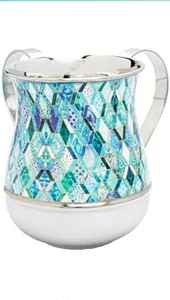 Meilleure vente : Coupe à main en acier inoxydable personnalisée de 5 pouces (40 oz) avec décalcomanie élégante gris-or, pour le lavage des mains juif (Netilat Yadayim), en métal pour bassins - Product Image 1