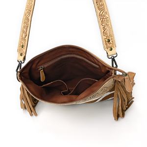Bolso Bandolera de Cuero Vacuno Hecho a Mano para Mujer con Flecos de Gamuza y Tallado Floral - Product Image 4