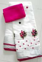 Blanc pur lin flammé Saree broderie à la main miroir inde travail lourd glands contraste Blouse correspondant aux fêtes indiennes