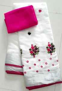 Blanco puro Lino Slub Sari bordado a mano espejo India trabajo pesado borlas contraste blusa a juego festivales indios fiestas - Product Image 2