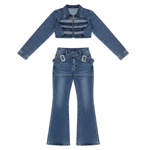 Nuevo conjunto de mezclilla de dos piezas para mujer, top corto sexy con cremallera y jeans acampanados con hebilla cruzada, conjunto de ropa urbana de 2 piezas - Product Image 3