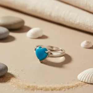 Bague en argent 925 avec pierre précieuse turquoise en forme de cœur, style romantique, unisexe, pour un usage quotidien, option cadeau - Product Image 1