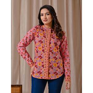 Haut pour femme en coton et soie à imprimé floral rose foncé, logo brodé, tenue de bureau formelle, taille XL, boutons sur le devant - Product Image 5