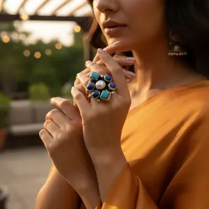 Bague statement en argent sterling 925 pour femmes, turquoise et zircon avec technologie d'incrustation de pierres précieuses en rhodium plaqué, coupe radiante - Product Image 1