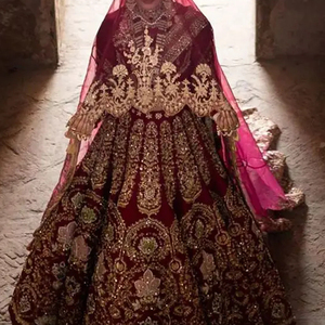 Maroon Bridal <b>Blouse</b>,lehenga & Trail Dupatta Dress with Heavy Embellished Crystal Glass Beads,dabka Work for Wedding@2024 - Product Image 1