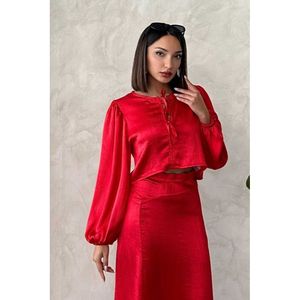 Blusa TOPSHOW Roja de Satén Arrugado con Lazo Delantero para Mujer, Elegante Top de Poliéster de Manga Larga, Ideal para Venta al Por Mayor, Tallas S-L - Product Image 2