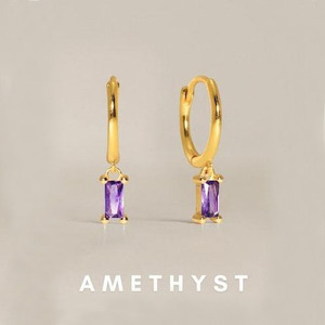 Améthyste Baguette Gemstone Dangle Hoop Boucles d'oreilles-Prong Set Sterling Silver, Faceted Stone january Birthstone Women Jewelry - Product Image 1