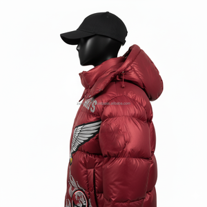 Women Puffer <b>Jacket</b> 380GSM Glossy Nylon Fabric Maroon Color Rhinestone Flame Patch CustomLogo Embroidery Puffer <b>Jacket</b> for women - Product Image 3