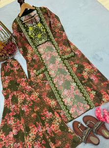 ชุดโคติ ชารารา ผ้าจอร์เจตต์สไตล์อินโดเวสเทิร์นสมัยใหม่ พร้อมลายพิมพ์ดอกไม้สุดหรูและเสื้อปักเลื่อม ไซส์ S ถึง XXL - Product Image 4