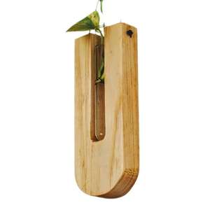 Vase à plantes hydroponiques en bois avec tube à essai en verre – Vase à fleurs décoratif mural en bois pour la maison et le bureau - Product Image 1